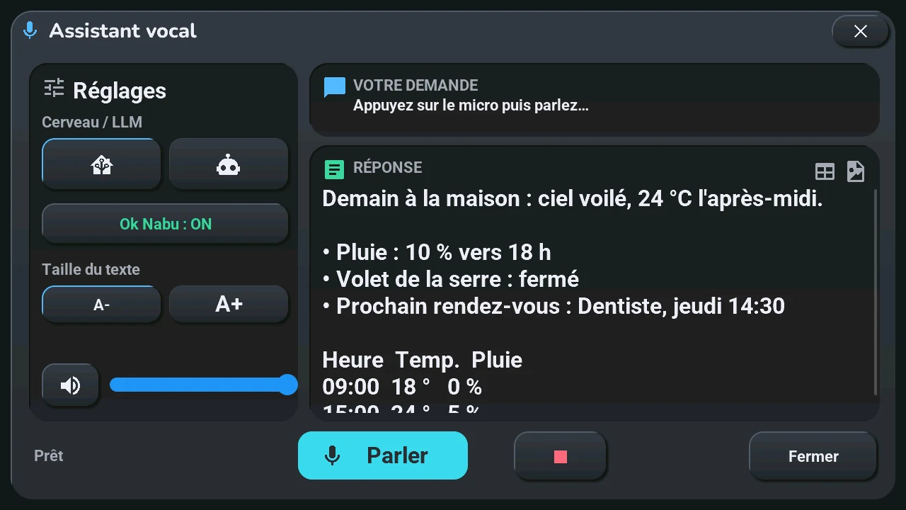 Popup Assistant vocal avec une réponse mise en forme (rendu, données de démonstration)