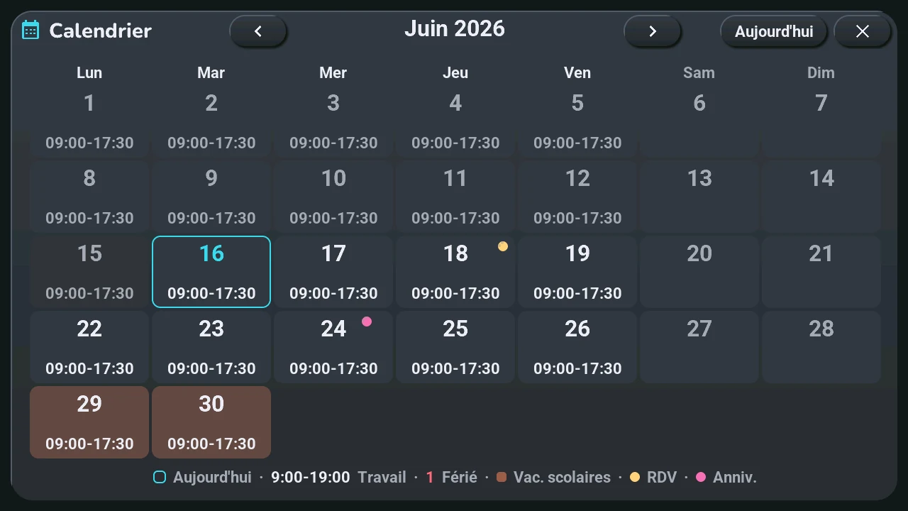 Le calendrier : juin 2026, les heures de travail dans chaque jour, aujourd'hui encadré, la légende en bas