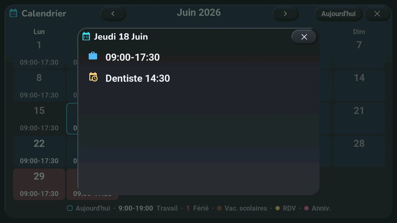 Le détail du jeudi 18 juin : les heures de travail et un rendez-vous chez le dentiste à 14:30