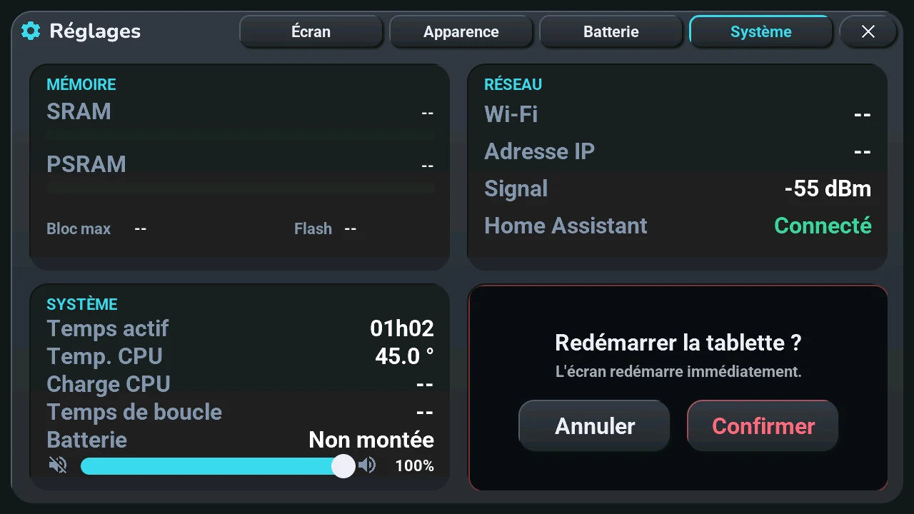 La confirmation : Redémarrer la tablette ? avec Annuler et Confirmer
