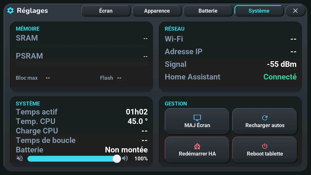 Page Système (rendu : la mémoire et la charge CPU restent vides hors de la tablette)