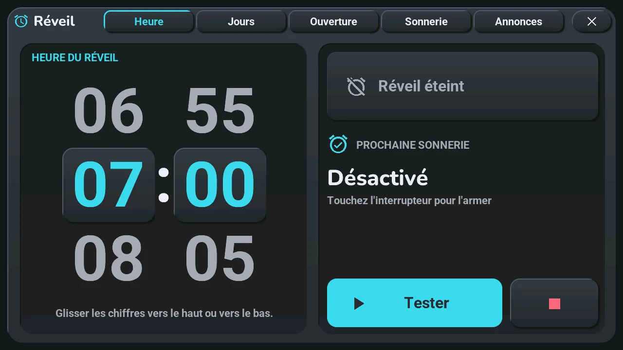 La fenêtre du réveil, page Heure : l'heure sur deux rouleaux, l'interrupteur, la prochaine sonnerie, Tester