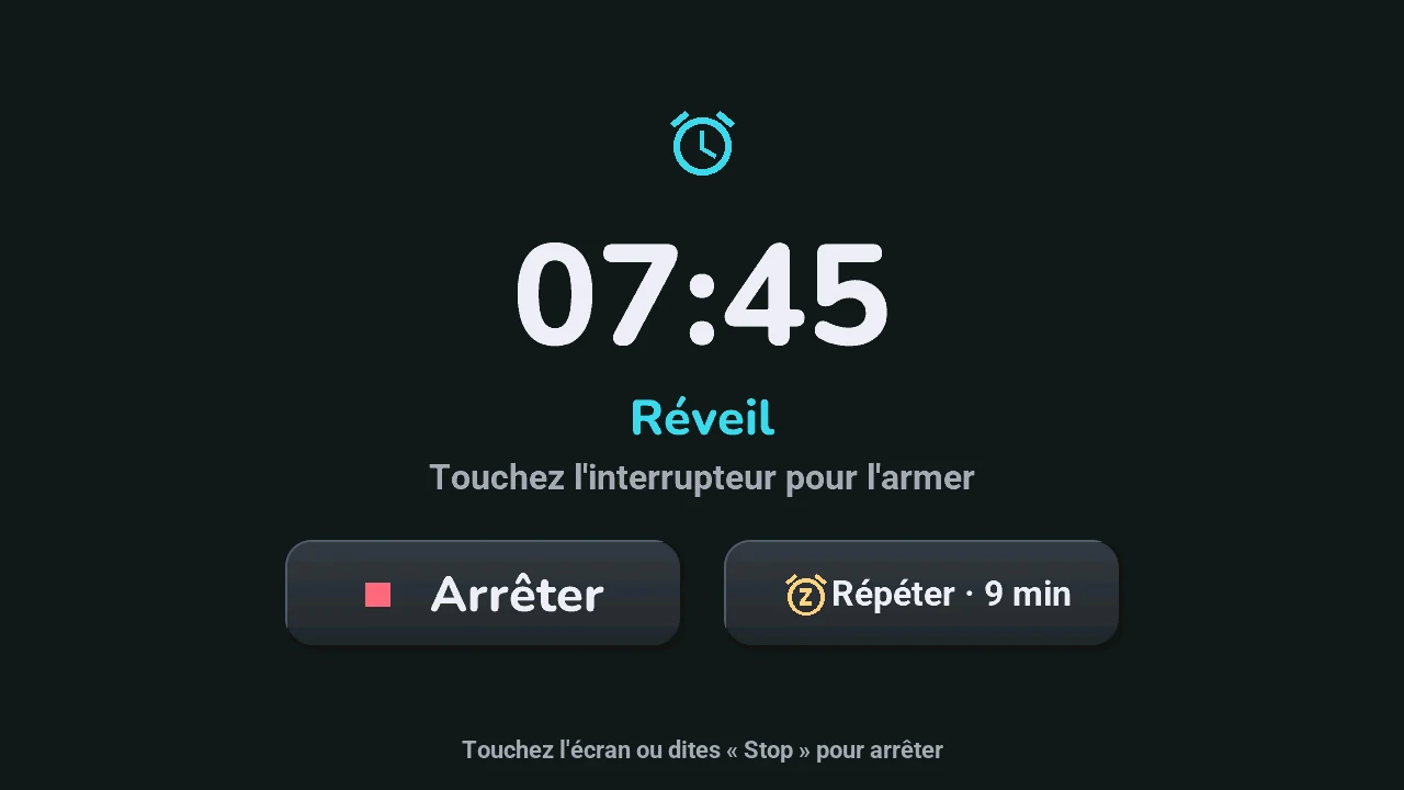 L'écran de sonnerie : l'heure, Arrêter et Répéter · 9 min