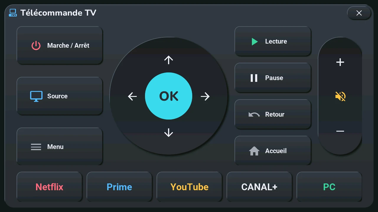 La télécommande TV : Marche / Arrêt, Source, Menu, le pavé avec OK, le volume, les touches de lecture et les boutons d'applications