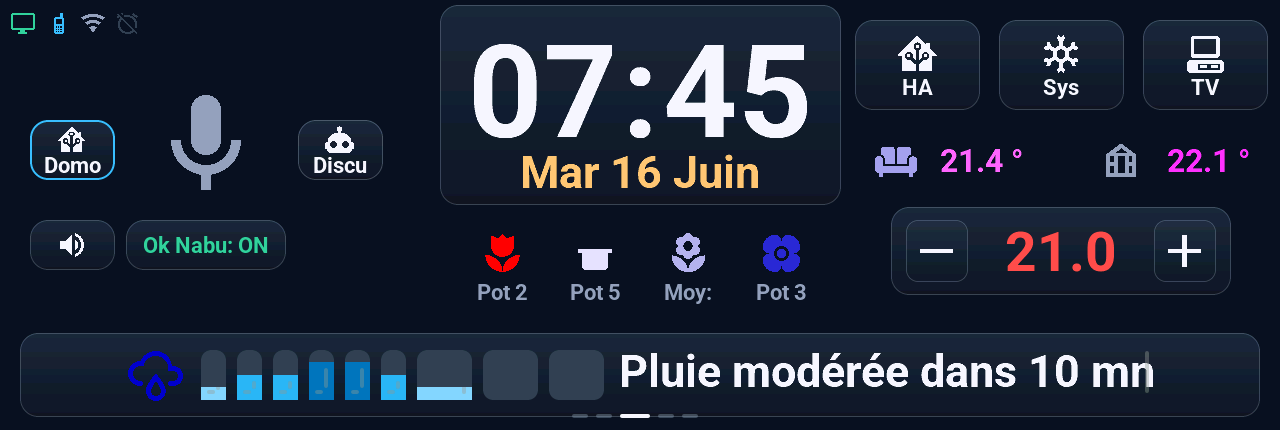 Écran de la M5Stack Tab5 en français : neuf barres de pluie pour l'heure qui vient et la phrase Pluie modérée dans 10 mn, la date en orange