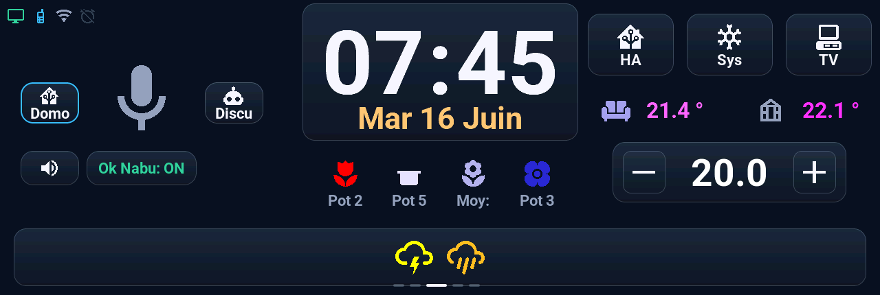 Écran de la M5Stack Tab5 en français avec deux icônes de vigilance, orages en jaune et pluie-inondation en orange, et la date en orange