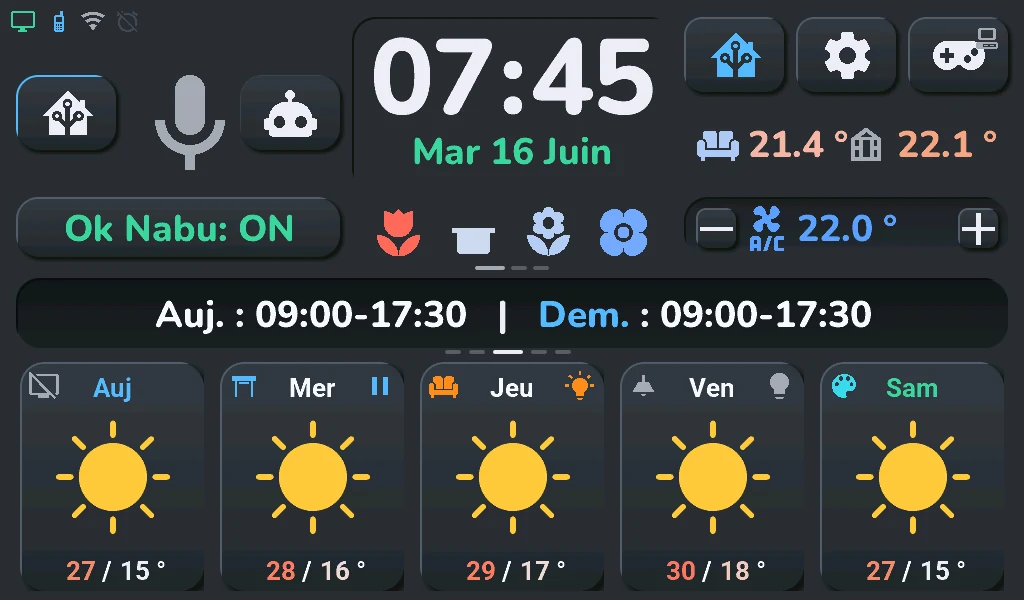 L'accueil sur la 7B en 1024×600 : horloge, cadre Ok Nabu, carte centrale et les cinq cartes de prévisions